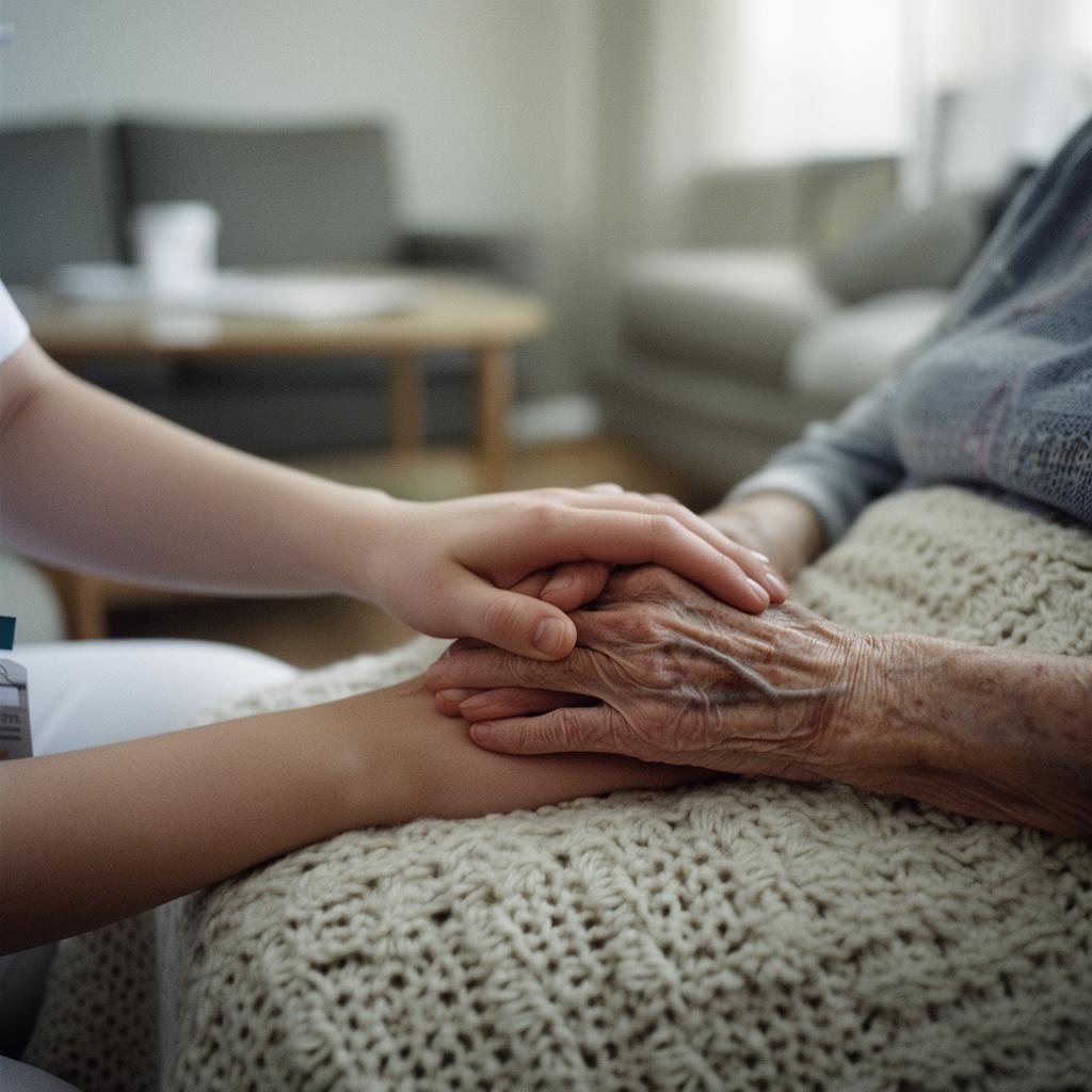 Pflegekraft hält die Hand einer älteren Dame